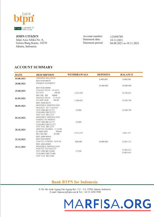 Downloadable Indonesia BTPN bank statement word download for verification